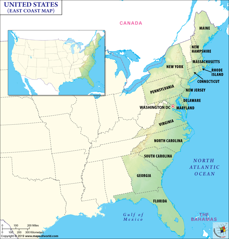East Coast Map, Map of East Coast, East Coast States USA, Eastern US